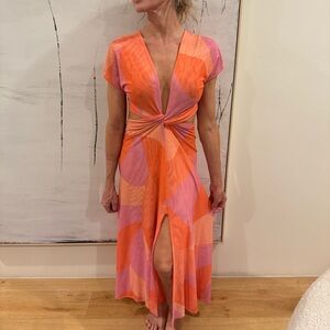 Vibrant Orange and Pink Midi Dress